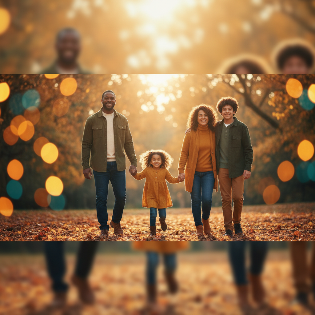 Happy American family outdoors in golden light